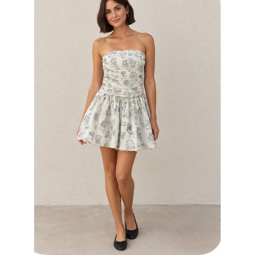 Abercrombie & Fitch Strapless Ruched Mini Dress Cafe Novelty Print Cream Medium
